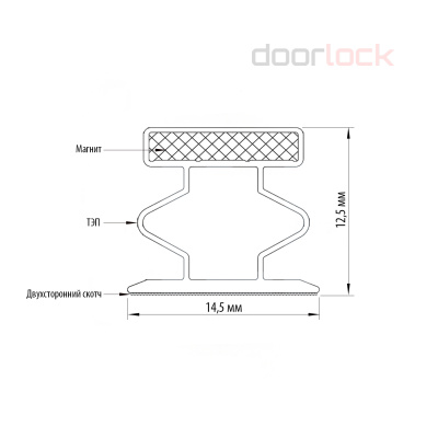 Уплотнитель для дверей магнитный инкапсулированный (магнитная вставка впаяна в профиль уплотнителя), самоклеящийся, материал ТЭП (кратно 2,1 м), пог. метр