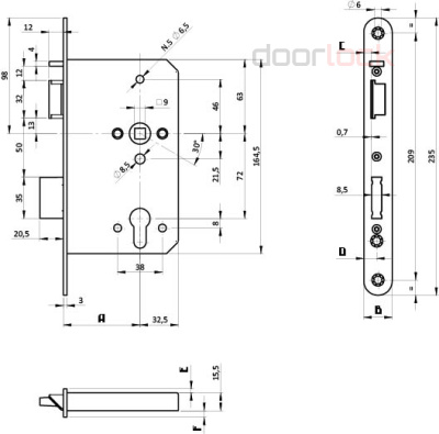 Замок дверной огнестойкий DL 1769SL/E/65mm/SS